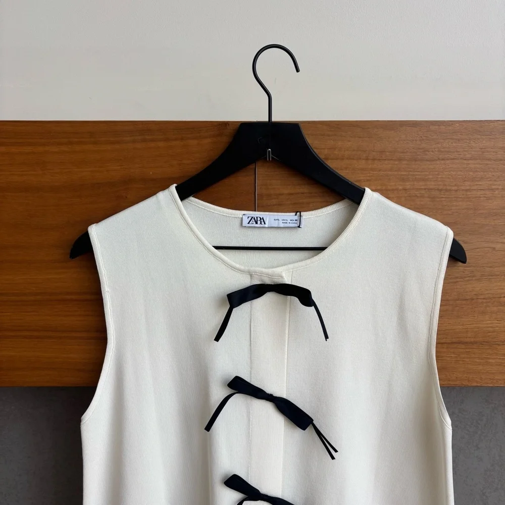NWT ZARA KNIT MINI DRESS WITH CONTRASTING BOWS, SIZE L - Picture 8 of 14